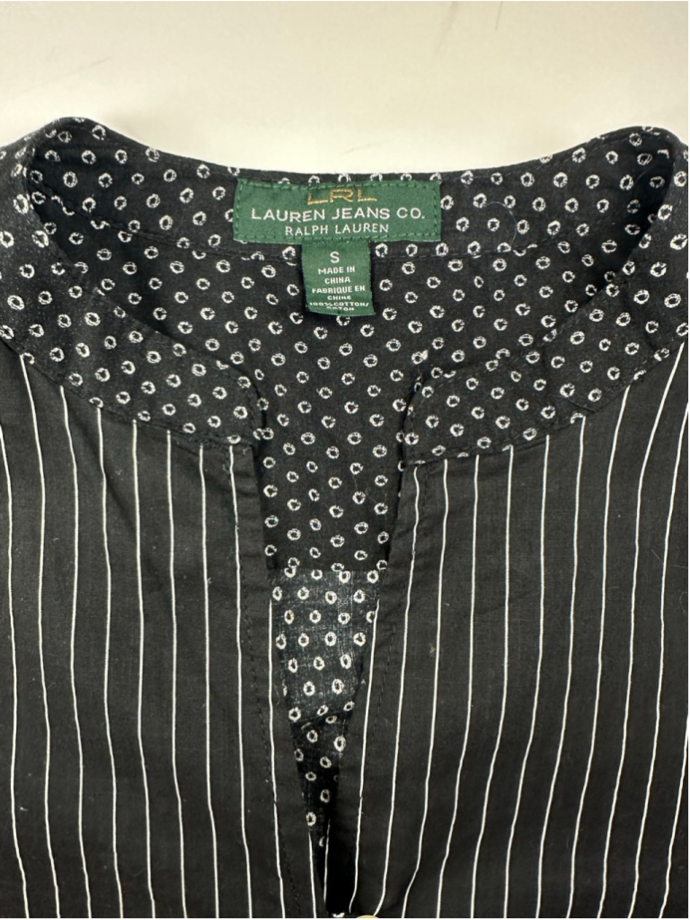 Lauren Jeans Co Ralph Lauren Women’s Small Black White Mixed Print Bib Blouse - Picture 7 of 13